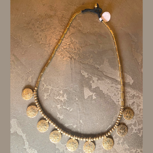 Single Strand Choker Brass Beaded Necklace with Etched Circle Dangle Details from India