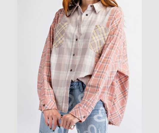 Plaid Patchwork Button Down With Two Pockets