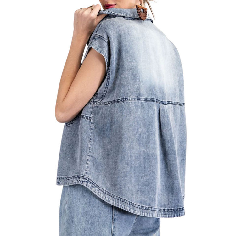 Button Down Distressed Denim Top with Cap Sleeves