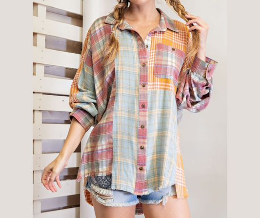 Blush Blue Plaid Color Blocked Patchwork Button Down Long Sleeve Top