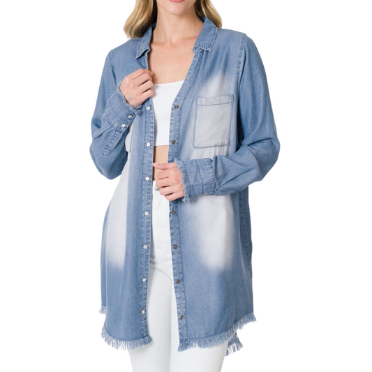 Medium Denim Chambray Long-sleeve Frayed Edge Shirt Dress