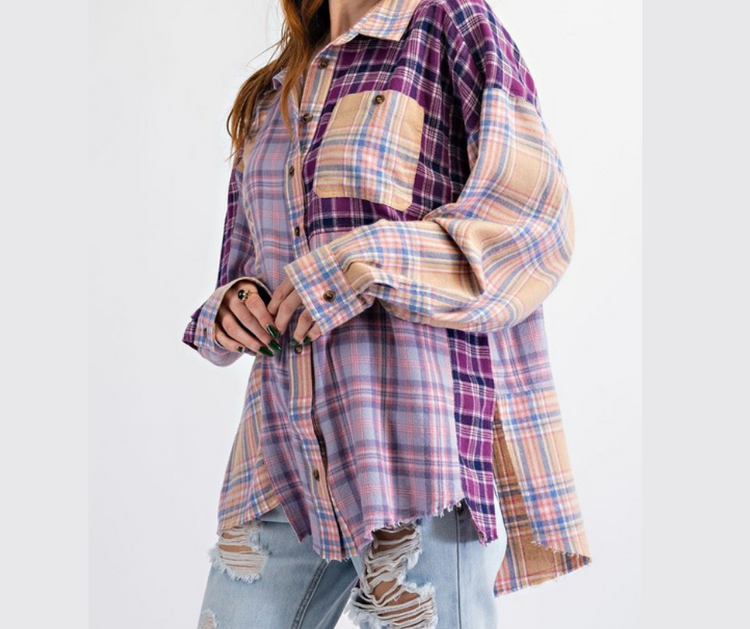 Lilac Purple Plaid Color Blocked Patchwork Button Down Long Sleeve Top