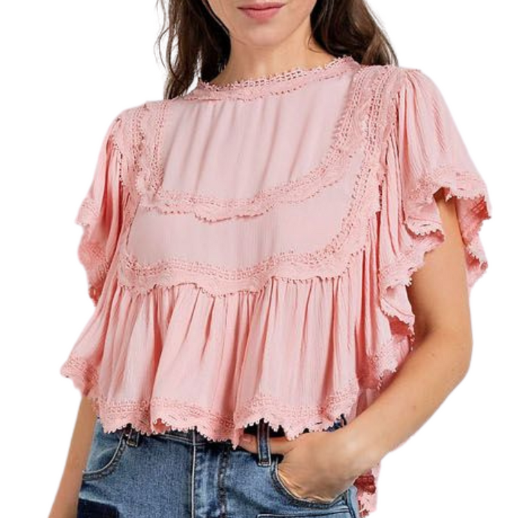 Pink Ruffled Crop Top with Crochet Trim Detail