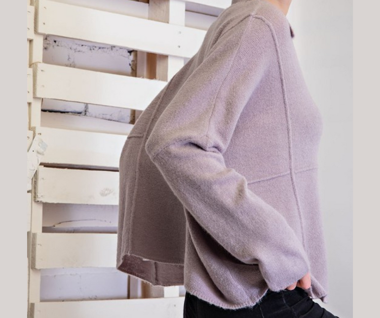 Lilac Grey Brushed Yarn Knitted Henley Sweater