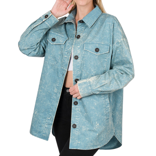 Oversized Vintage Blue Washed Button Down Cotton Shacket with Pockets