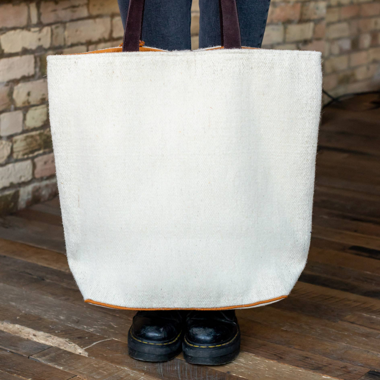 Aztec Cream with Orange, Rust, Yellow, Diamond Boho Tote With Pom Tassel