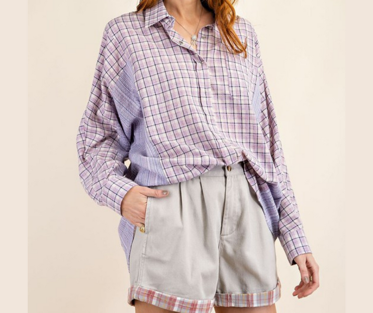 Lilac Plaid And Stripe Loose Button Down Shirt