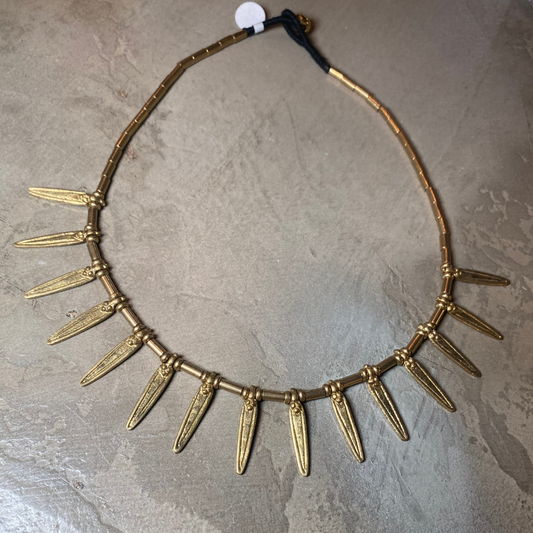 Single Strand Choker Brass Beaded Necklace with Etched Pointed Arrow Dangle Details from India