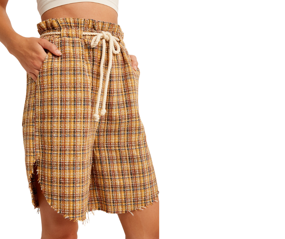 Plaid Textured Long Shorts with Curved Raw Edge & Drawstring  - Multi plaid cloth textured curved raw hem shorts  - Plaid printed textured woven fabric  - Paper bag waist with contrast tie string  - Side seam pockets  - Curved raw hem