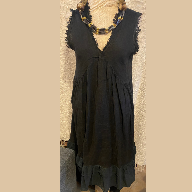 Black Italian Linen V-Neck Sleeveless Knee Length Dress Top