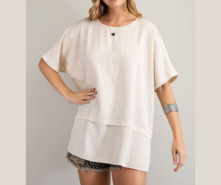 Oversized Poly Linen Oatmeal Tunic Top.  - Rounded Neckline - Contrast Fabrication Bottom - Loose Fit And Oversized Silhouette   - Longer Tunic Length For Added Coverage 