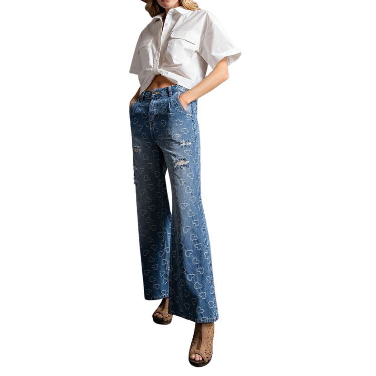 Heart Pattern Pleated Denim Full Leg Jeans