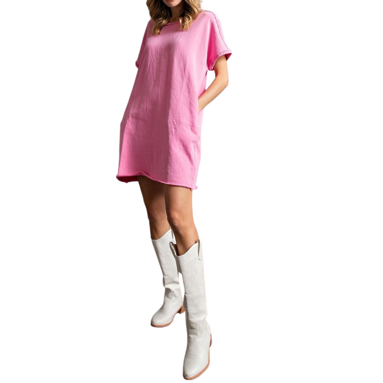 Pink Short Sleeve Mineral Washed Terry Boxy Shirt Dress with Open Back Strap Detail