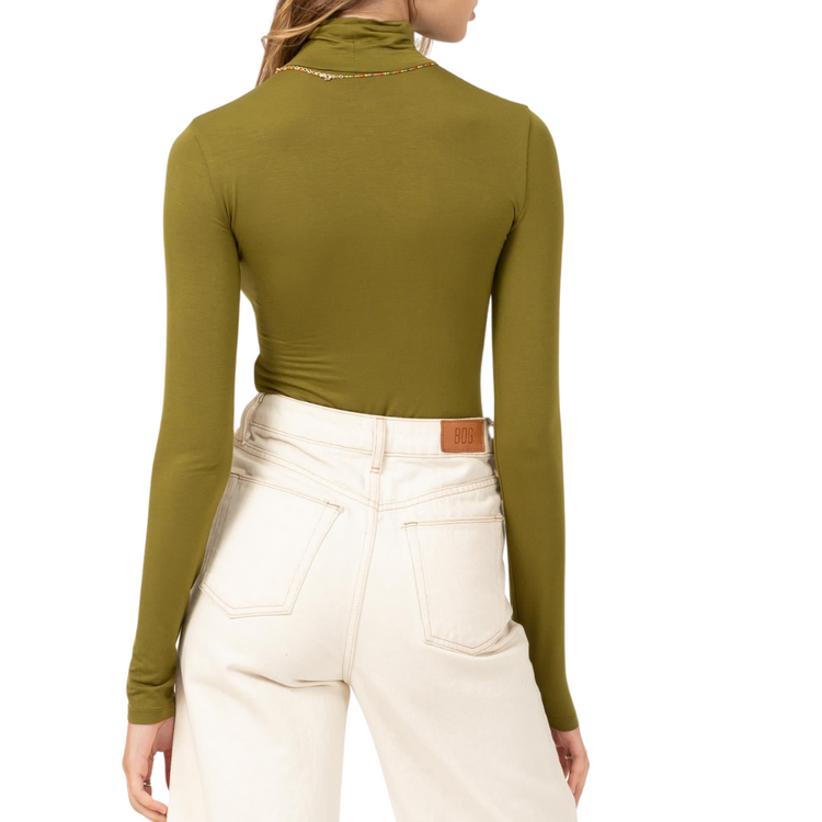 Olive Green Basic Fitted Long Sleeve Turtle Neck Bodysuit with Thong Bottom Snap