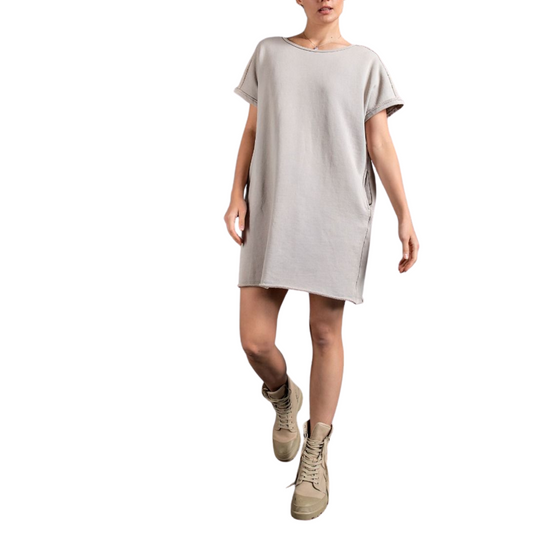 Grey Short Sleeve Mineral Washed Terry Boxy Shirt Dress with Open Back Strap Detail