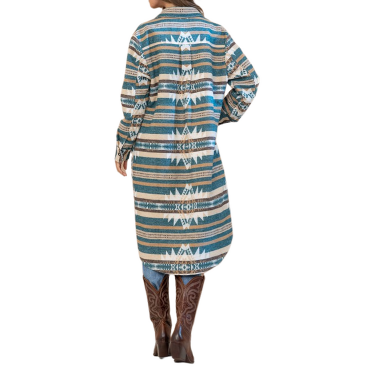 Teal Brown Cream Long Aztec Button Down Shirt Dress Jacket.