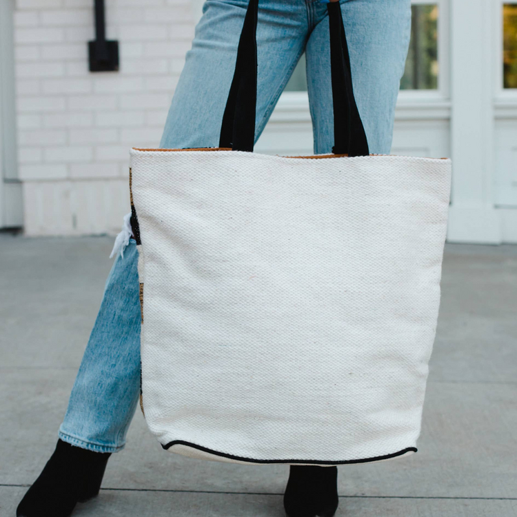 Aztec White, Brown, Black Aztec Boho Tote With Pom Tassel