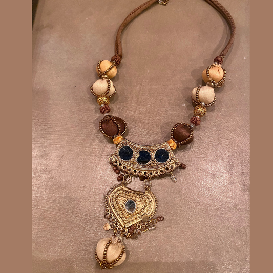 Ornate Brass Mirror Fabric India Necklace