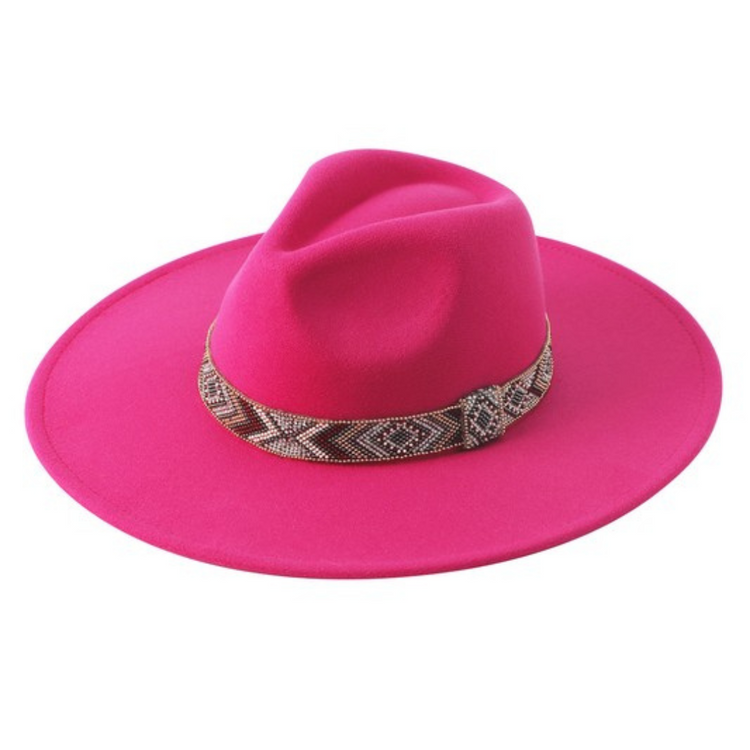 Felt Fedora Hat with Boho Geo Beaded Hatband with Diamond Bling Accents