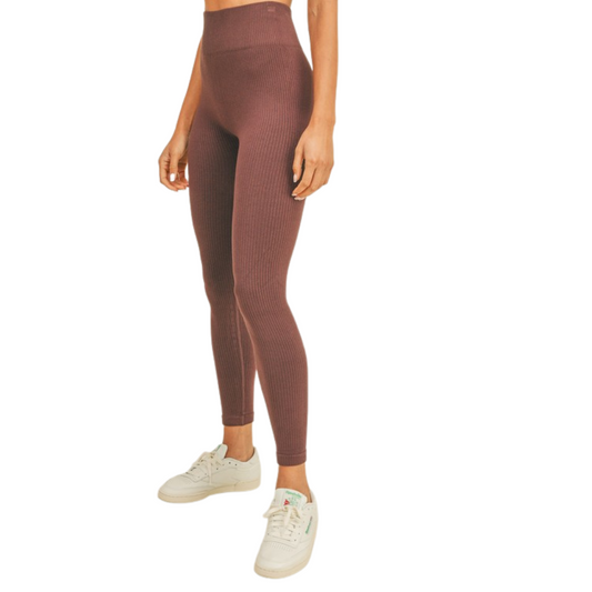 Brown High Rise Tummy Control Ribbed Leggings