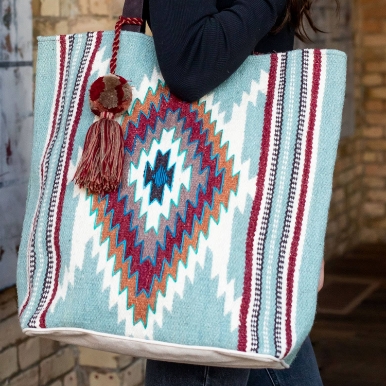 Aztec Blue, Burgundy, Orange Boho Tote With Pom Tassel