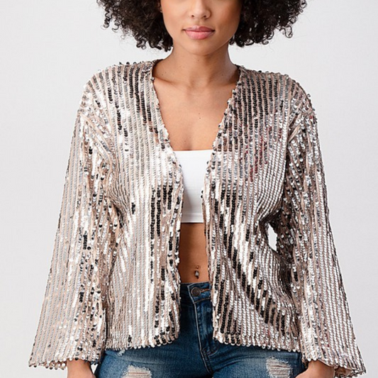 Open Front Long Sleeve Flowy Sequin Jacket