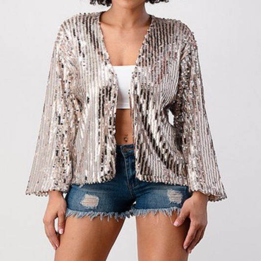 Open Front Long Sleeve Flowy Sequin Jacket