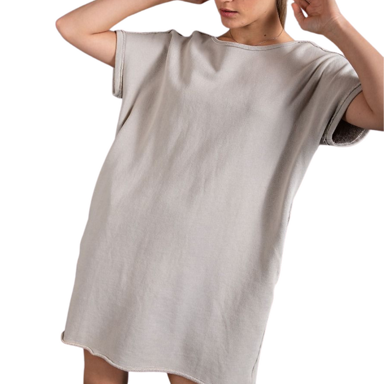 Grey Short Sleeve Mineral Washed Terry Boxy Shirt Dress with Open Back Strap Detail