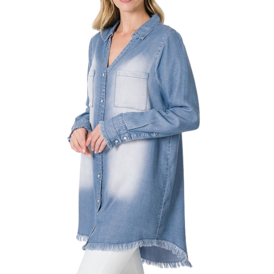 Medium Denim Chambray Long-sleeve Frayed Edge Shirt Dress