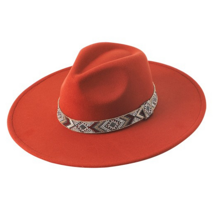 Felt Fedora Hat with Boho Geo Beaded Hatband with Diamond Bling Accents