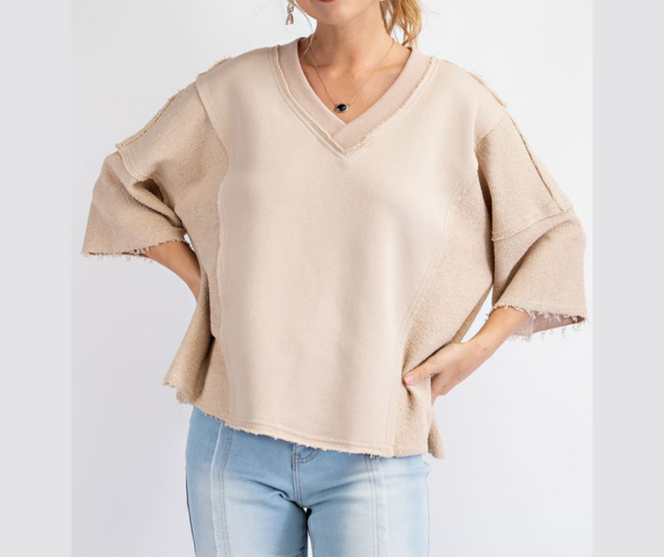 Terry Knit V-Neck Crop Pullover
