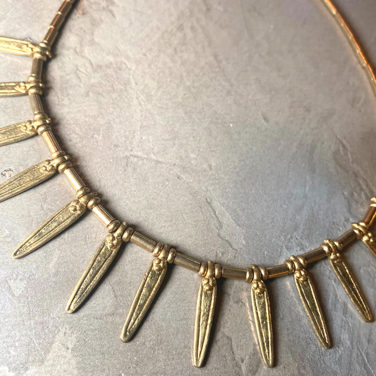 Single Strand Choker Brass Beaded Necklace with Etched Pointed Arrow Dangle Details from India