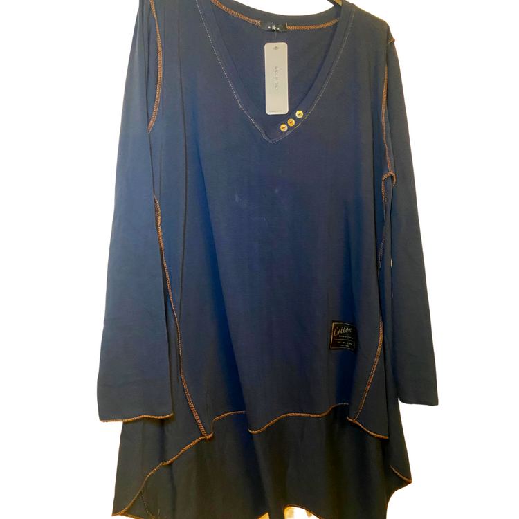 Italian Navy High Low Long Sleeve Cotton V-Neck Oversized Top with Brown Trim Detail