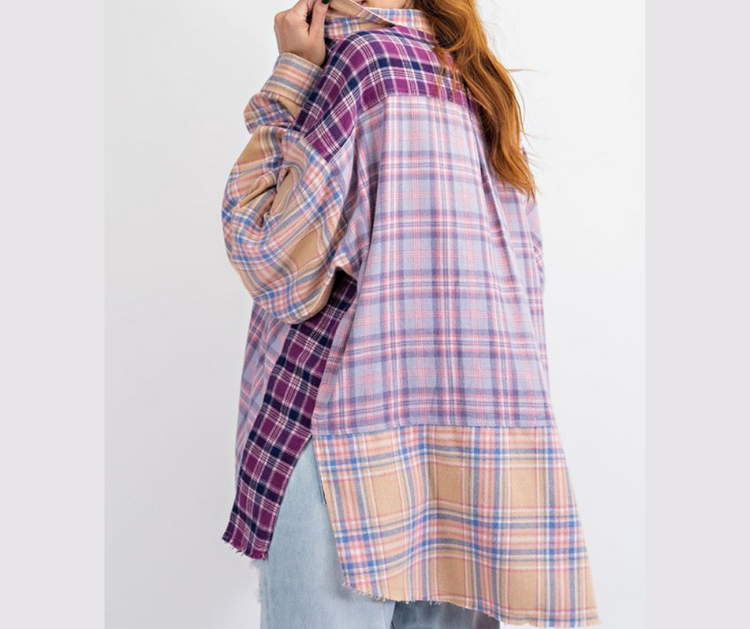 Lilac Purple Plaid Color Blocked Patchwork Button Down Long Sleeve Top