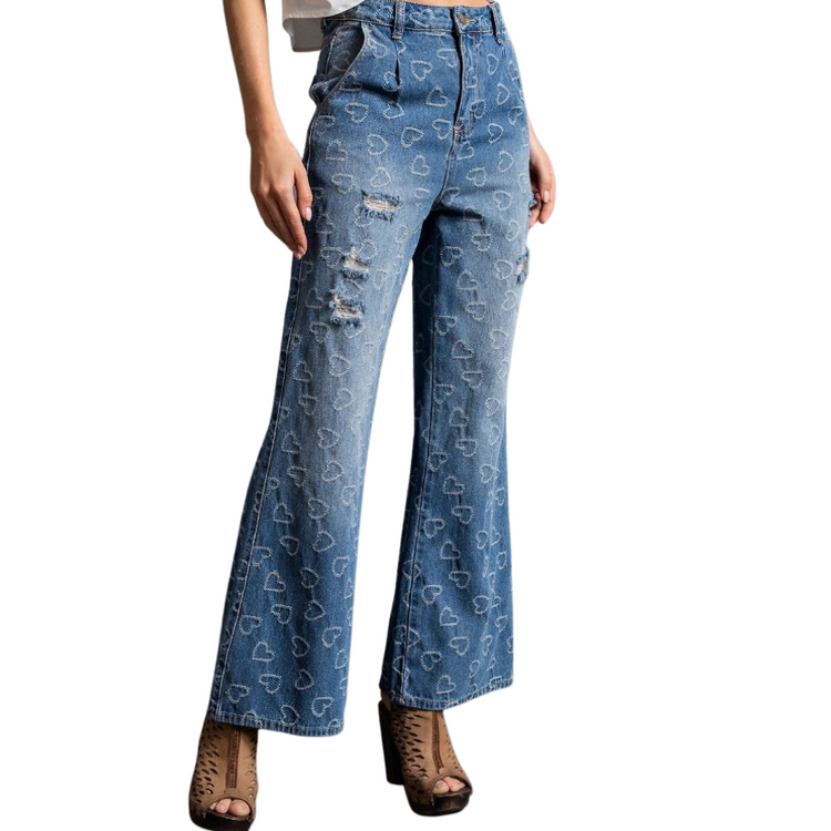 Heart Pattern Pleated Denim Full Leg Jeans