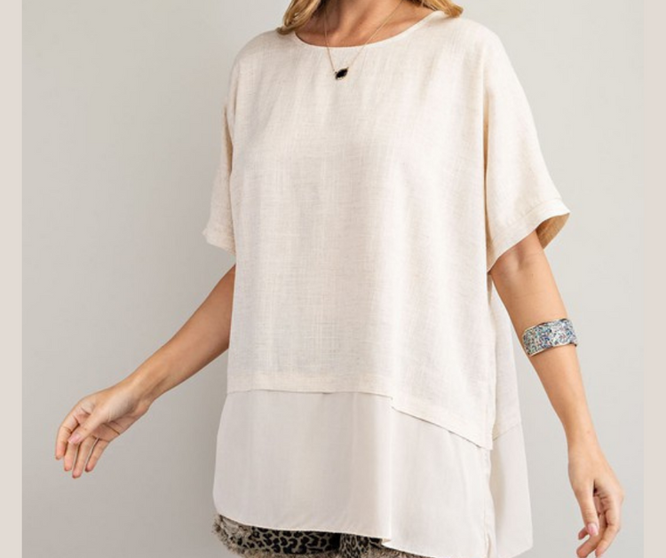 Oversized Poly Linen Oatmeal Tunic Top.  - Rounded Neckline - Contrast Fabrication Bottom - Loose Fit And Oversized Silhouette   - Longer Tunic Length For Added Coverage 