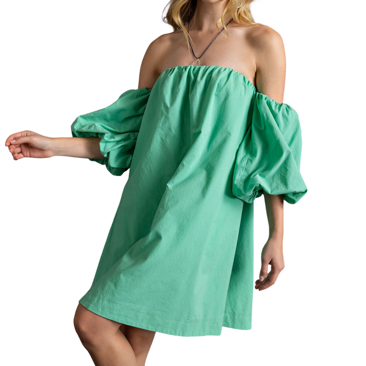 Pistachio Green Challie Off Shoulder Mini Dress Shirt with Short Puff Sleeves