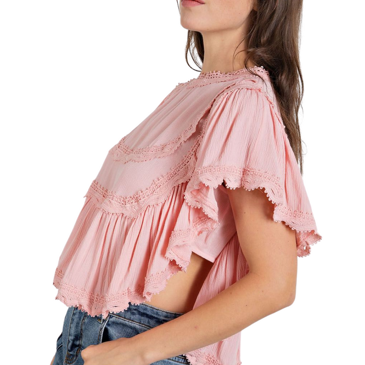 Pink Ruffled Crop Top with Crochet Trim Detail