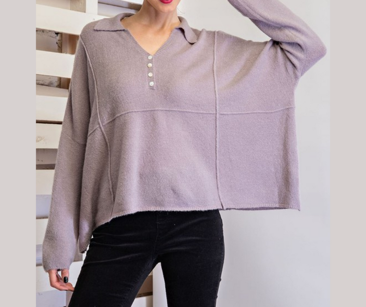 Lilac Grey Brushed Yarn Knitted Henley Sweater