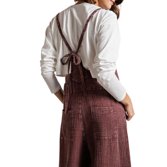 Faded Plum Cotton Washed Slouchy Wide Leg Jumpsuit Overalls with Back Tie