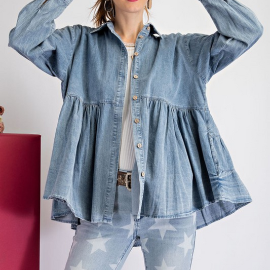 Mineral Washed Baby Doll Pleated Button Down Denim Shirt