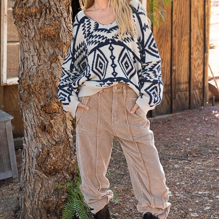 Southwest Aztec Oversized V-Neck V-Back Sweater Top