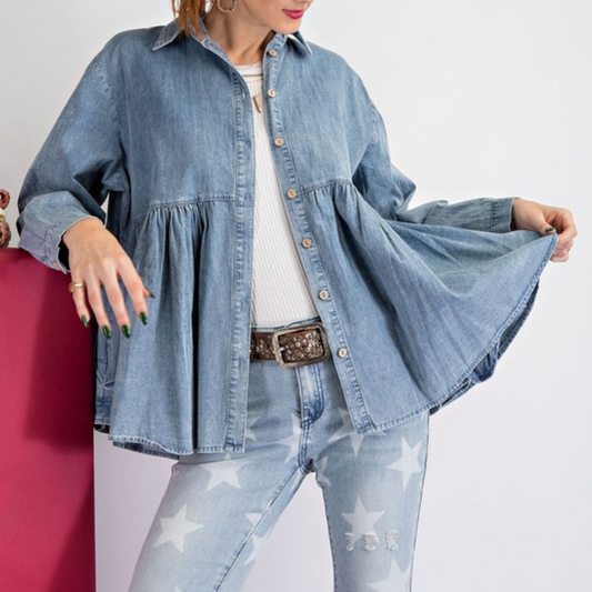 Mineral Washed Baby Doll Pleated Button Down Denim Shirt