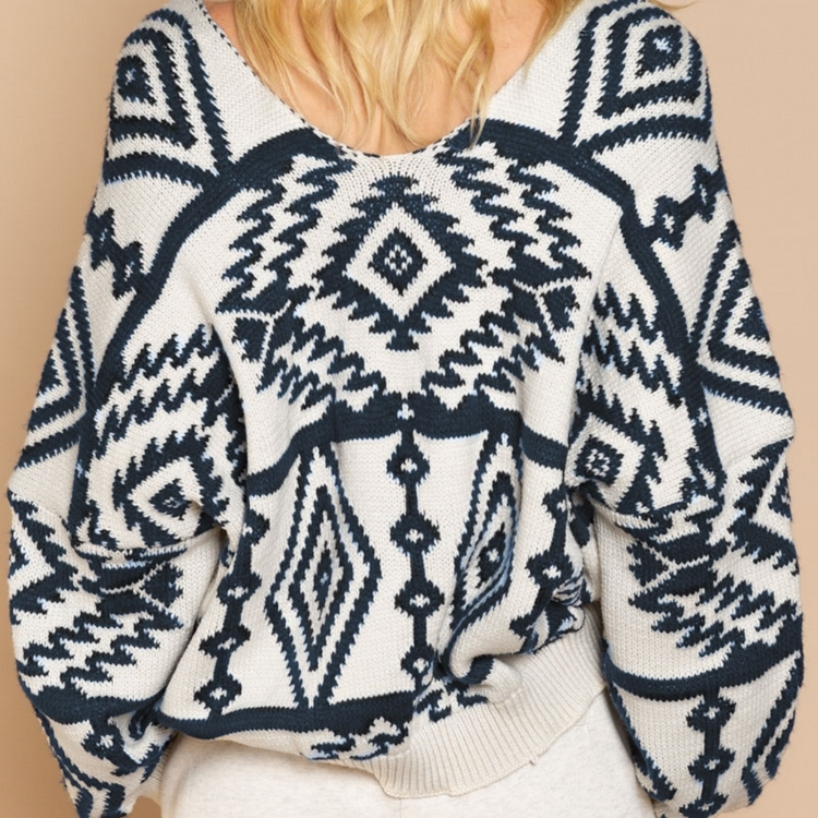 Southwest Aztec Oversized V-Neck V-Back Sweater Top