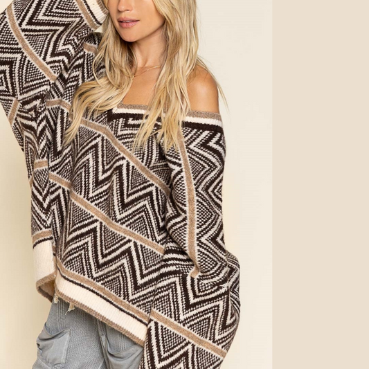 Aztec Relaxed Deep V-Neck V-Back Dolman Sleeve, Side Slit, Sweater