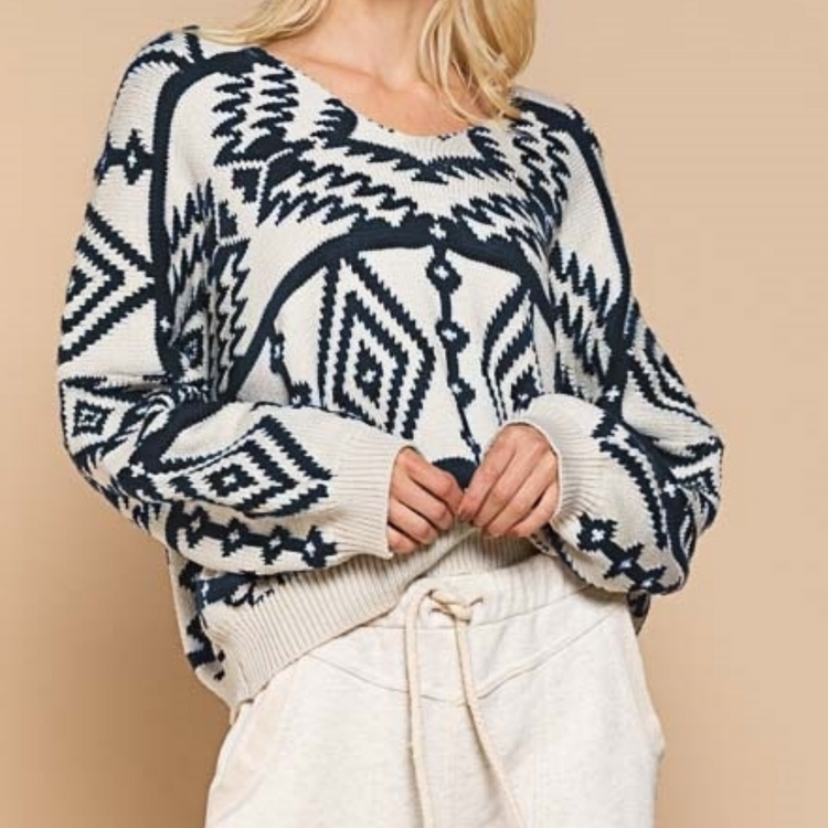 Southwest Aztec Oversized V-Neck V-Back Sweater Top