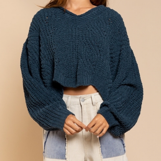 V-neck Back-Slit High-Low sweater with Balloon Sleeves