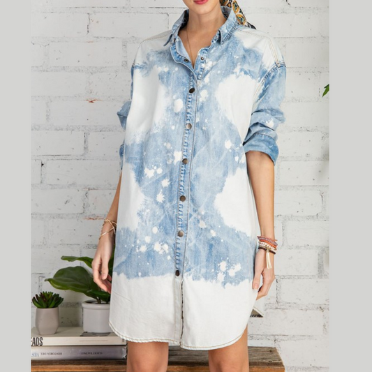 Bleached Cloud Washed Perfect Long Sleeve Denim Shirt Dress