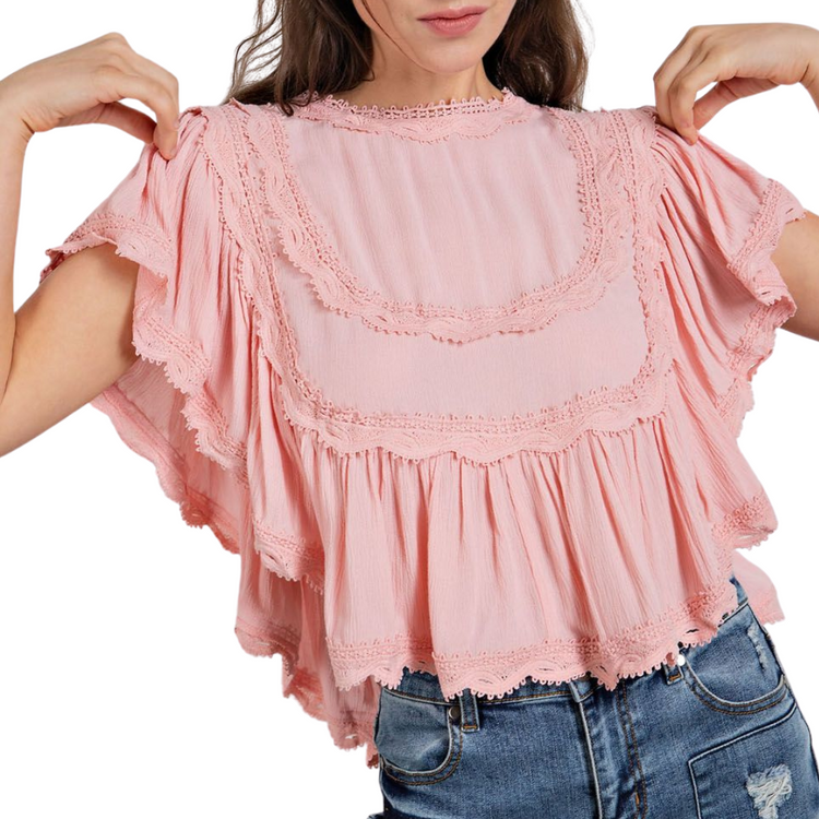 Pink Ruffled Crop Top with Crochet Trim Detail