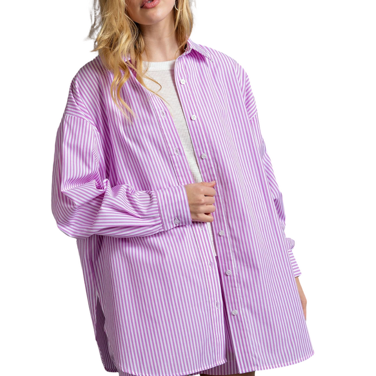 Oversized Lilac Striped Button Down Long Sleeve Voile Shirt